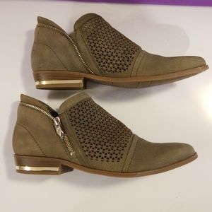 Fergie "Ida" olive leather ankle boots.